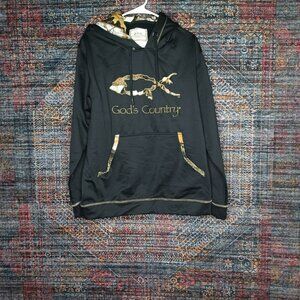 Legendary mens black w camo trim sewn Gods Country lined fishing hoodie L EUC